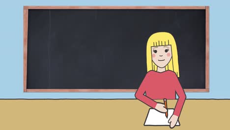 Animation-Der-Illustration-Eines-Schulmädchens,-Das-Am-Schreibtisch-Sitzt-Und-Mit-Einer-Tafel-Im-Hintergrund-Schreibt