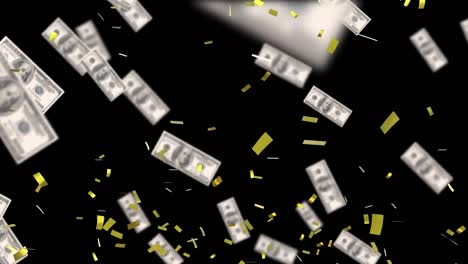Animation-of-confetti-and-american-dollar-bills-falling-on-black-background