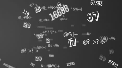 Digitale-Animation-Sich-ändernder-Zahlen-Und-Symbole-Vor-Mehreren-Schwebenden-Zahlen-Auf-Grauem-Hintergrund