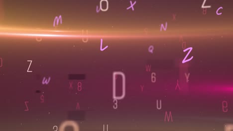 Digitale-Animation-Mehrerer-Zahlen-Und-Alphabete,-Die-Vor-Lichtflecken-Auf-Violettem-Hintergrund-Schweben