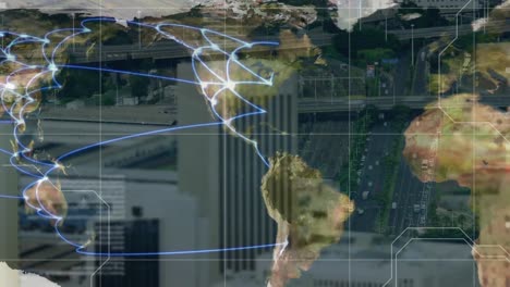 Animation-Der-Datenverarbeitung-über-Ein-Netzwerk-Von-Reiseverbindungen-Auf-Weltkarte-Und-Stadtbild