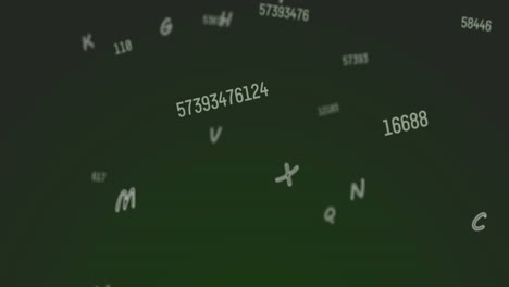 Animation-Von-Zahlen-Und-Buchstaben,-Die-Sich-Auf-Grünem-Hintergrund-ändern