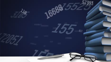 Digital-animation-of-glasses-and-stack-of-books-against-multiple-changing-numbers-on-blue-background