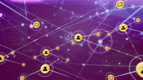 Animation-of-network-of-connections-with-digital-icons-on-purple-background