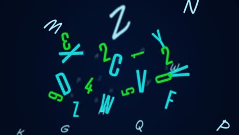 Animation-Von-Zahlen-Und-Buchstaben,-Die-Sich-Auf-Blauem-Hintergrund-ändern
