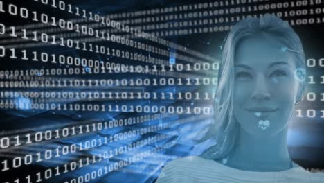 Animation-of-portrait-of-smiling-woman-over-binary-coding-and-data-processing