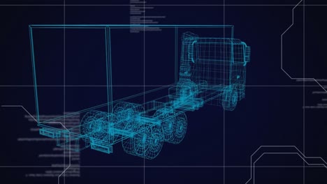 Animation-of-blue-3d-drawing-of-truck-and-technical-data-processing