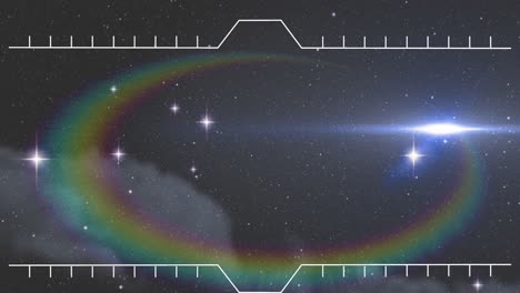 Animation-of-white-frame-with-markers-over-prism-and-glowing-stars-on-night-sky