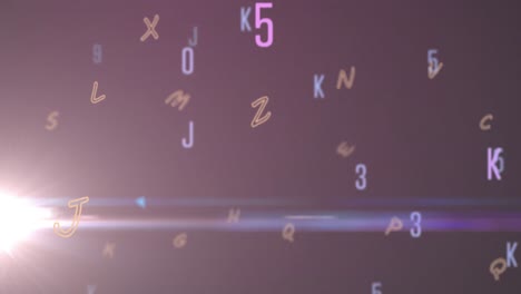 Digital-animation-of-multiple-changing-numbers-and-alphabets-against-spot-of-light-on-purple-backgro
