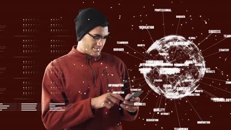 Animation-of-globe-of-network-of-connections-with-business-text-over-man-using-smartphone