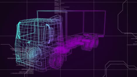 Animation-of-green-to-pink-3d-drawing-of-truck-and-technical-data-processing