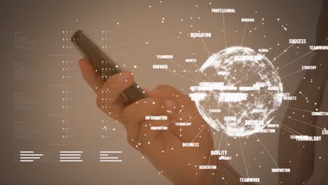 Animation-of-globe-of-network-of-connections-with-business-text-over-woman-using-smartphone