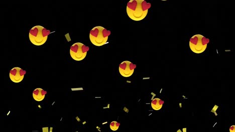 Animation-Von-Gold,-Das-über-Emojis-Fällt,-Mit-Roten-Herzaugen-Auf-Schwarzem-Hintergrund
