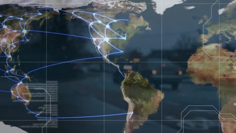 Animation-of-data-processing-over-network-of-travel-connections-on-world-map-and-traffic