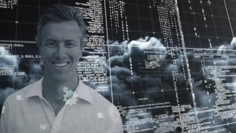 Animation-Eines-Geschäftsmannes,-Der-Vor-Wolken-über-Die-Datenverarbeitung-Lächelt