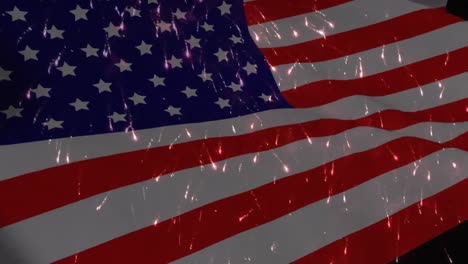Animación-De-Fuegos-Artificiales-Explotando-Sobre-La-Bandera-Estadounidense-Ondeando.