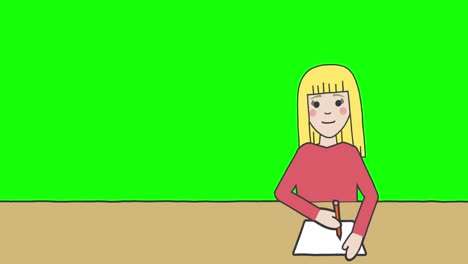 Animation-Der-Illustration-Eines-Schulmädchens,-Das-Am-Schreibtisch-Sitzt-Und-Auf-Grünem-Hintergrund-Schreibt