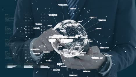 Animation-of-globe-of-network-of-connections-with-business-text-over-businessman-using-smartphone