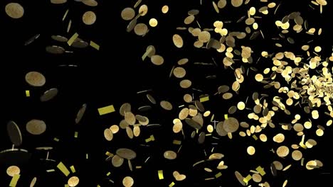Animation-of-confetti-and-gold-coins-falling-on-black-background