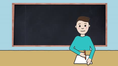 Animation-of-illustration-of-schoolboy-sitting-at-desk-and-writing-with-blackboard-in-background