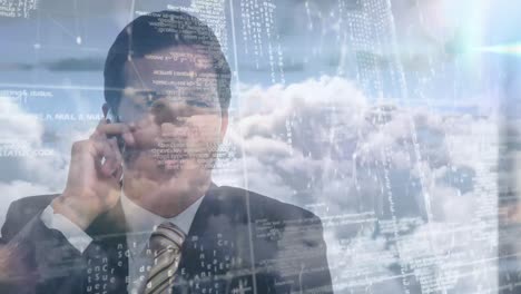 Animation-of-businessman-talking-on-smartphone-and-data-processing-against-sky-with-clouds