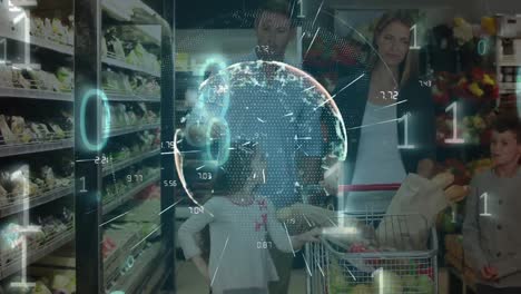 Animation-of-binary-coding,-globe-of-network-of-connections-over-family-with-shopping-trolley