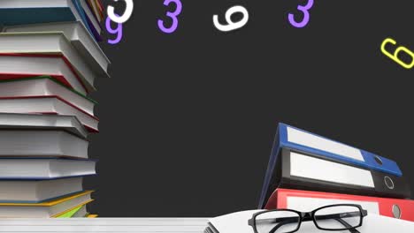 Digital-animation-of-glasses-and-stack-if-books-against-multiple-numbers-and-alphabets-floating-on-b