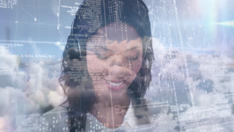 Animation-of-businesswoman-talking-on-phone-headset-with-data-processing-against-sky-with-clouds