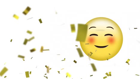 Animation-of-gold-confetti-falling-over-smiling-emoji-on-white-background