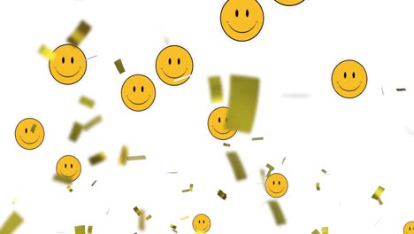 Animation-Von-Gold,-Das-über-Lächelnde-Emojis-Auf-Weißem-Hintergrund-Fällt