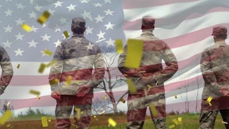 Animation-Von-Konfetti,-Das-über-Die-Amerikanische-Flagge-Und-Eine-Reihe-Von-Soldaten-Fällt