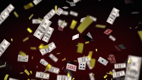 Animation-Von-Konfetti,-Spielkarten-Und-Amerikanischen-Dollarscheinen,-Die-Auf-Roten-Hintergrund-Fallen