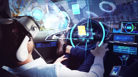 Animation-Des-Bildschirms-über-Einem-Geschäftsmann-Mit-VR-Headset-In-Einem-Selbstfahrenden-Auto