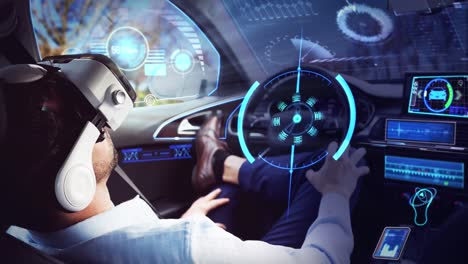 Animation-of-screen-over-businessman-wearing-vr-headset-in-self-driving-car