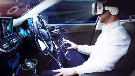Animation-Digitaler-Symbole-über-Einem-Geschäftsmann-Mit-VR-Headset-In-Einem-Selbstfahrenden-Auto