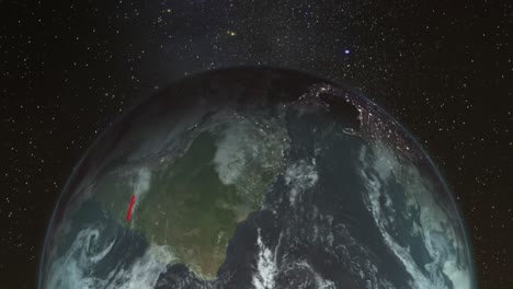 Turning-globe-with-changing-red-arcs-connecting-locations-against-dark-cosmos-with-stars