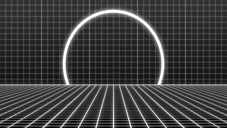 Animation-of-white-neon-circle-over-moving-white-grid