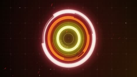 Animation-of-glowing-orange-and-green-scope-scanning-and-spinning-with-glitch-on-grid-background