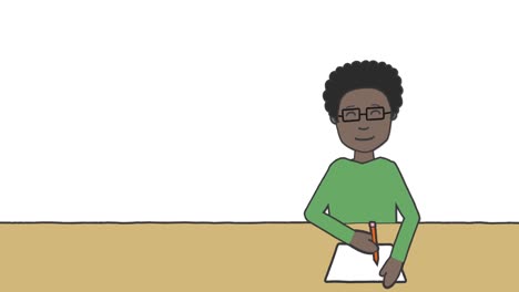 Animation-Der-Illustration-Eines-Schuljungen,-Der-Am-Schreibtisch-Sitzt-Und-Auf-Weißem-Hintergrund-Schreibt