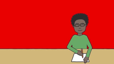 Animation-Der-Illustration-Eines-Schuljungen,-Der-Am-Schreibtisch-Sitzt-Und-Auf-Rotem-Hintergrund-Schreibt