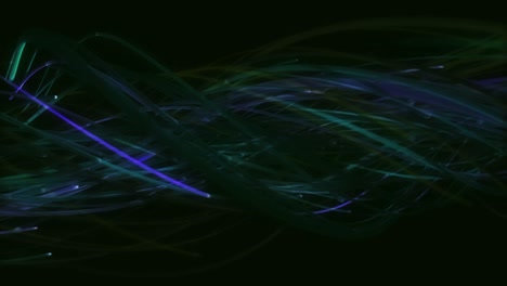 Twisting-bundle-of-blue-and-green-fibres-moving-across-black-background