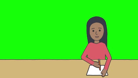 Animation-Der-Illustration-Eines-Schulmädchens,-Das-Am-Schreibtisch-Sitzt-Und-Auf-Grünem-Hintergrund-Schreibt