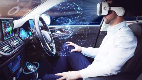 Animation-Eines-Netzwerks-Von-Verbindungen-über-Einem-Geschäftsmann,-Der-Ein-VR-Headset-In-Einem-Selbstfahrenden-Auto-Trägt