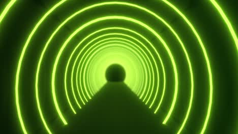 Bewegung-Durch-Einen-Tunnel-Aus-Konzentrischen-Grünen-Neonbögen,-Die-Auf-Schwarzem-Hintergrund-Pulsieren