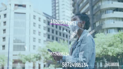 Digital-composition-of-multiple-changing-numbers-floating-against-woman-wearing-face-mask-using-smar