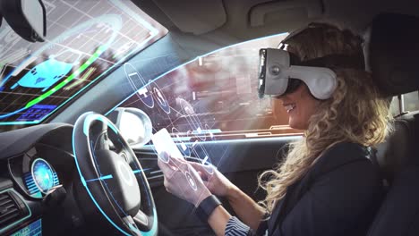 Animation-of-digital-interface-over-woman-wearing-vr-headset-in-in-self-driving-car
