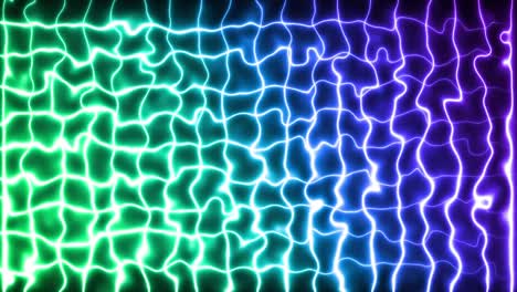 Animation-of-multiple-glowing-neon-purple-blue-and-green-mesh-moving-on-seamless-loop