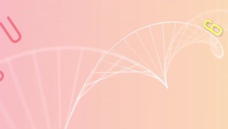Digital-animation-of-multiple-changing-numbers-and-alphabets-moving-against-dna-structure-on-pink-ba
