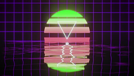 Animation-of-white-triangle-over-glowing-green-to-red-circle-over-purple-grid-reflected-in-water