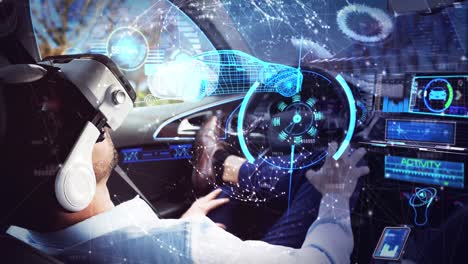 Animation-of-3d-car-drawing-over-businessman-wearing-vr-headset-in-self-driving-car
